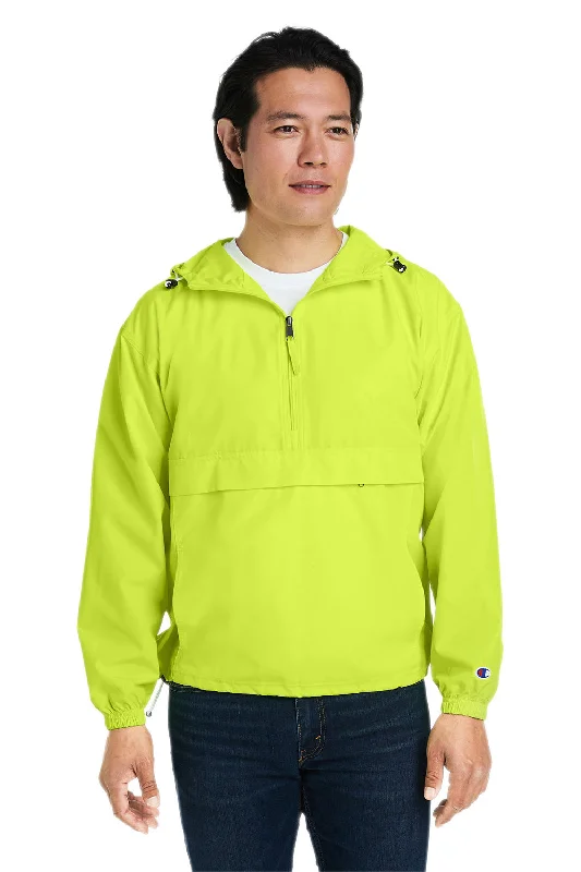 Men's high-stretch utility jacket-Champion Mens Packable Wind & Water Resistant Anorak 1/4 Zip Hooded Jacket - Safety Green