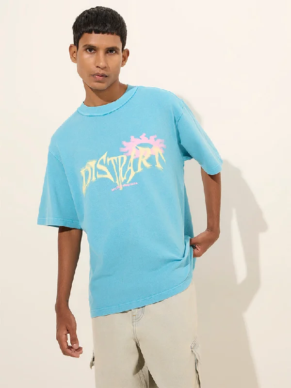 Men's classic casual t-shirt-Nuon Aqua Text Patterned Relaxed-Fit Cotton T-Shirt