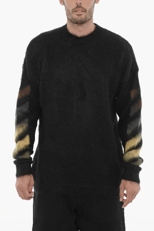 Men's viscose sweater-Off-White Crew-neck Fluffy Sweater with Contrasting Logo