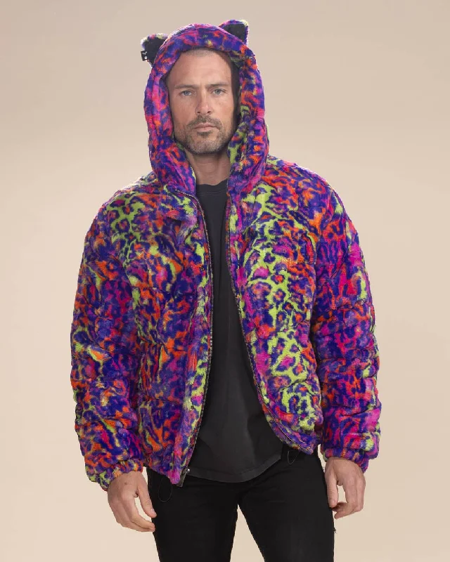 Men's versatile fleece jacket-Classic Men's Puffer Jacket With Hood | Neon Disco Cat