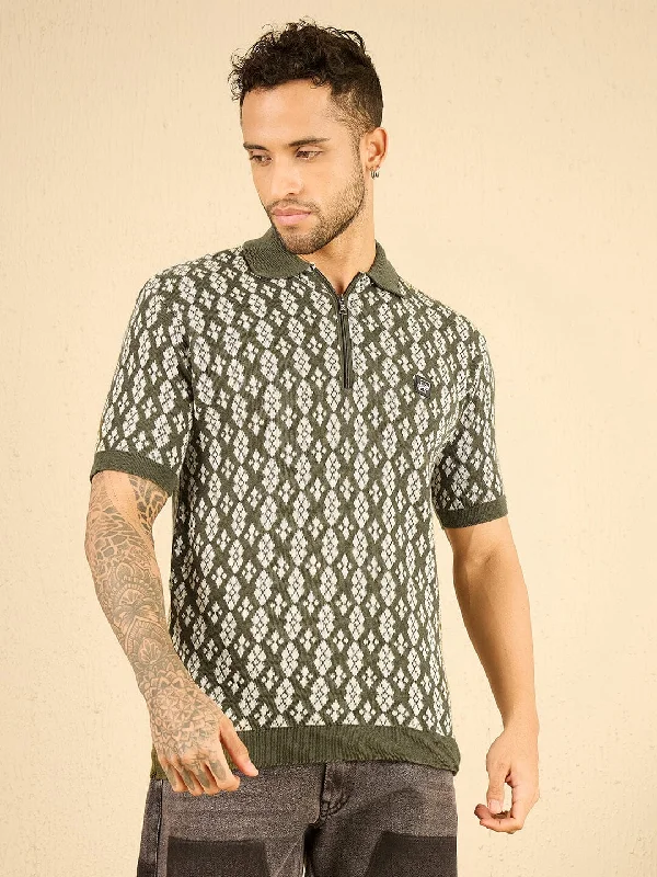 Men's contrast collar t-shirt-Olive Printed Knitted Zipped Polo Tshirt