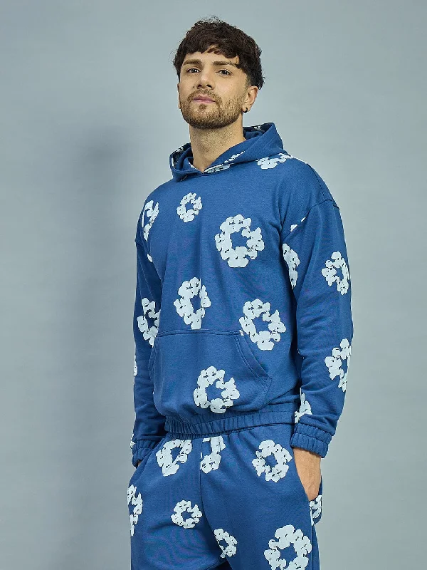 Men's gym performance pullover hoodie-Navy Floral Oversized Hoodie