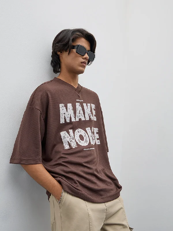 Men's quick-dry casual t-shirt-Nuon Brown Text Printed Relaxed-Fit T-Shirt