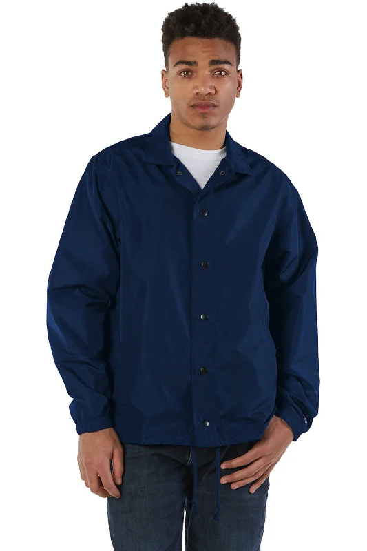 Men's sustainable fleece jacket-Champion Mens Wind & Water Resistant Snap Down Coach's Jacket - Navy Blue