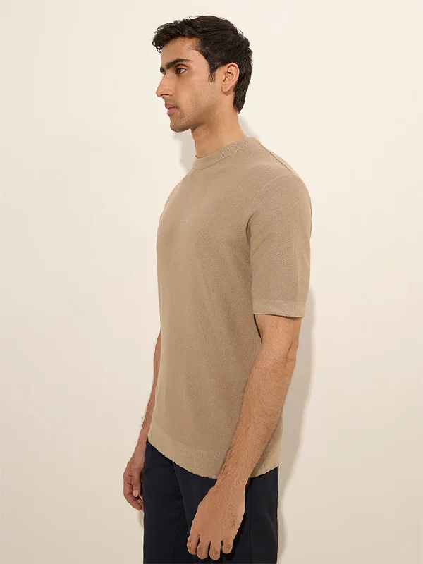 Men's versatile casual t-shirt-WES Formals Beige Knit-Textured Slim-Fit T-Shirt