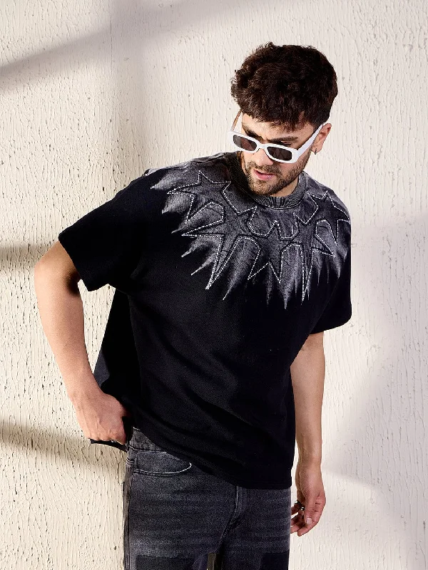 Men's contrast collar t-shirt-Black Ombre Star Embroidery Oversized Tshirt