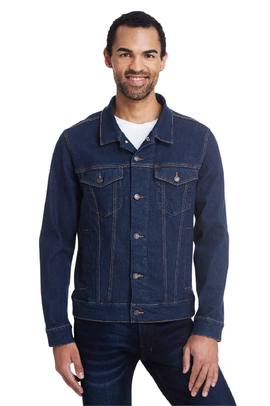 Men's weatherproof travel coat-Threadfast Apparel Mens Button Down Denim Jacket - Dark Blue