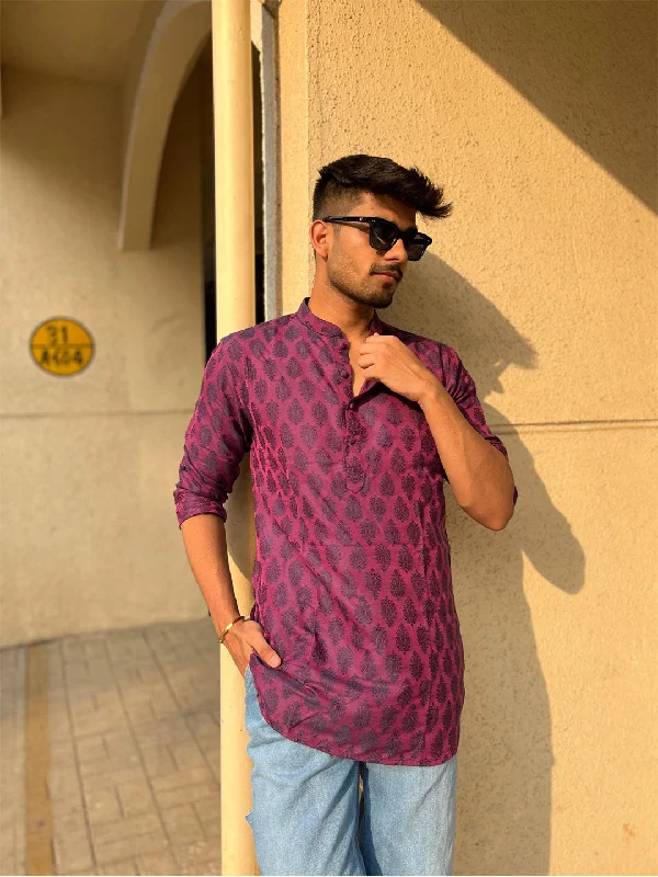 Men's high-stretch travel wear shirt-Men Magenta Printed Short Kurta