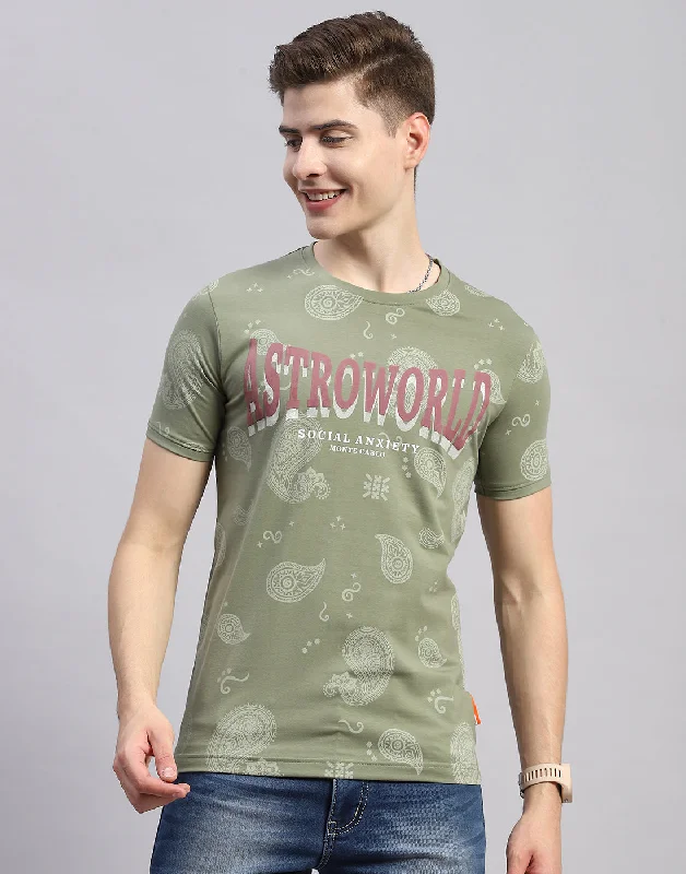 Men's quick-dry casual t-shirt-Men Olive Floral Print Collar Half Sleeve T-Shirt