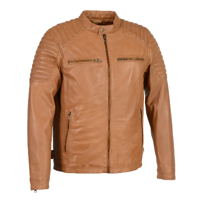 Men's summer safari jacket-Milwaukee Leather SFM1840 Men's 'Quilted' Saddle Leather Fashion Jacket with Snap Button Collar