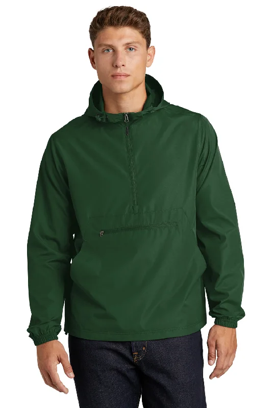 Men's weather-resistant expedition jacket-Sport-Tek Mens Wind & Water Resistant Packable Anorak 1/4 Zip Hooded Jacket - Forest Green