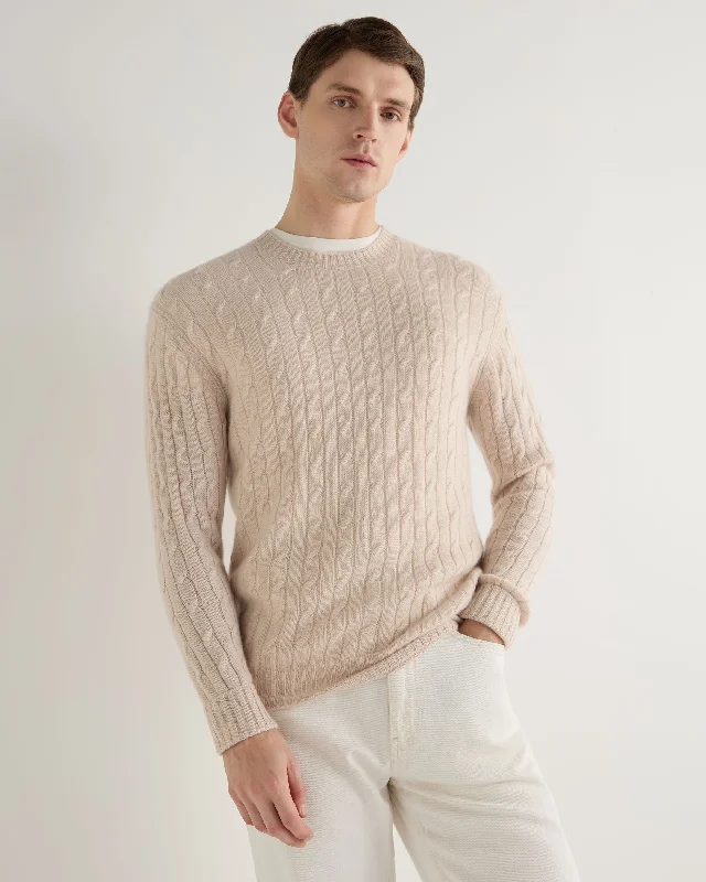 Men's mock neck sweater-Men's Thames Cable Round Neck Cashmere Sweater Ecru White