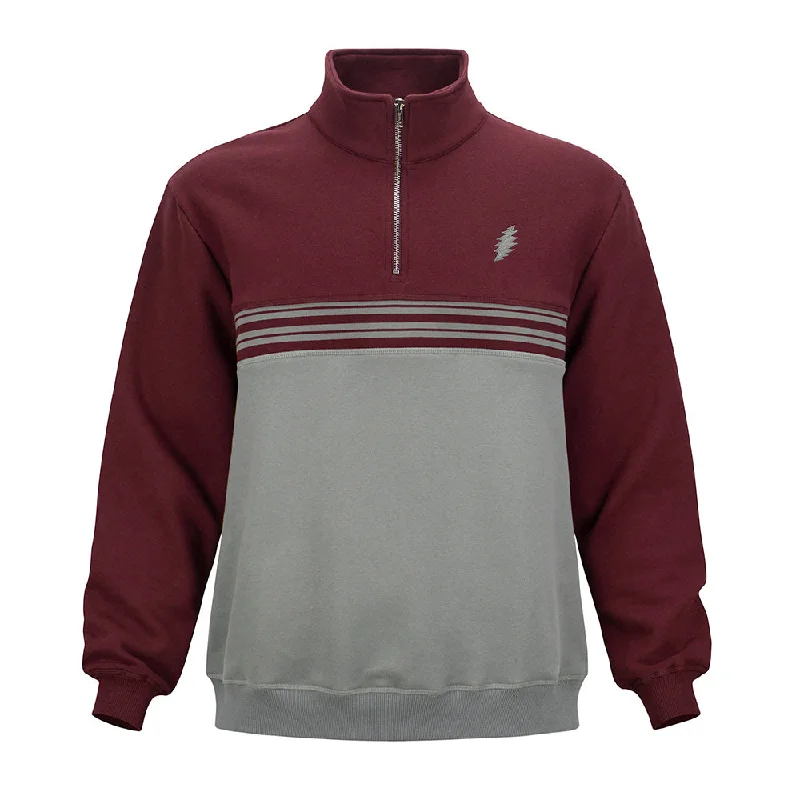 Men's gym-ready performance hoodie-Grateful Dead | Quarter Zip Mid Weight Fleece | Bolt in Maroon & Grey Stripes