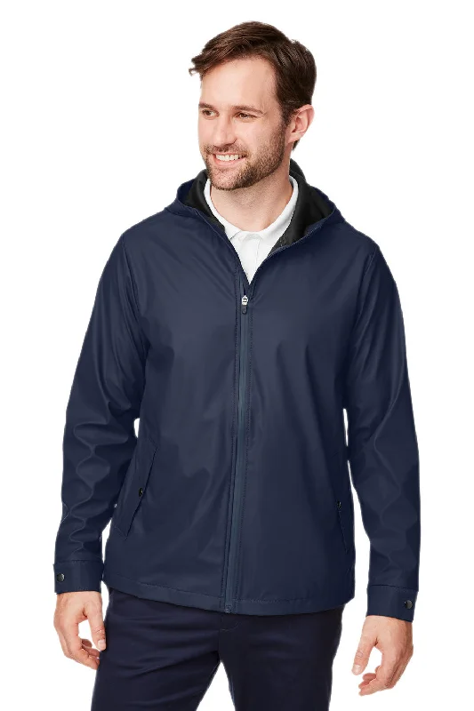 Men's modern safari jacket-Devon & Jones Mens New Classics Prescott Water Resistant Full Zip Hooded Rain Jacket - Navy Blue