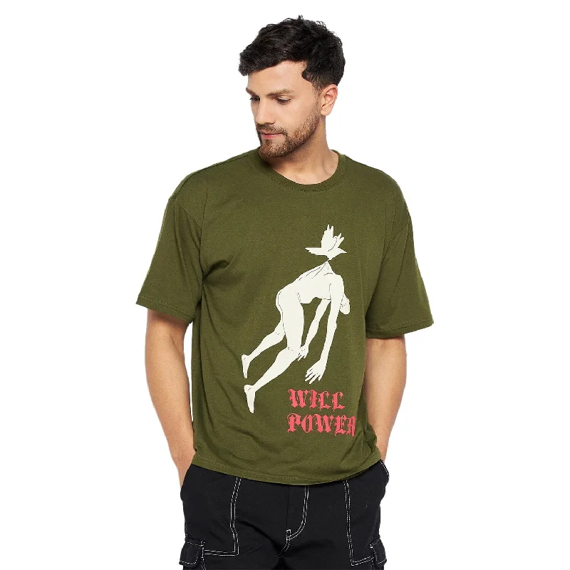 Men's versatile casual t-shirt-Olive Will Power Oversized Graphic Tee