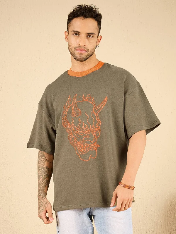 Men's classic casual t-shirt-Khaki Demon Embroidered Oversized Tshirt