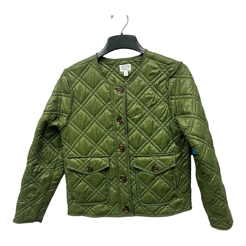 Men's eco-conscious varsity jacket-Jacket Puffer & Quilted By Time And Tru In Green, Size:S