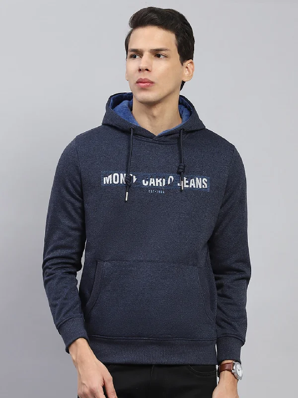 Men's adventure-ready gym hoodie-Men Navy Blue Printed Hooded Full Sleeve Sweatshirt