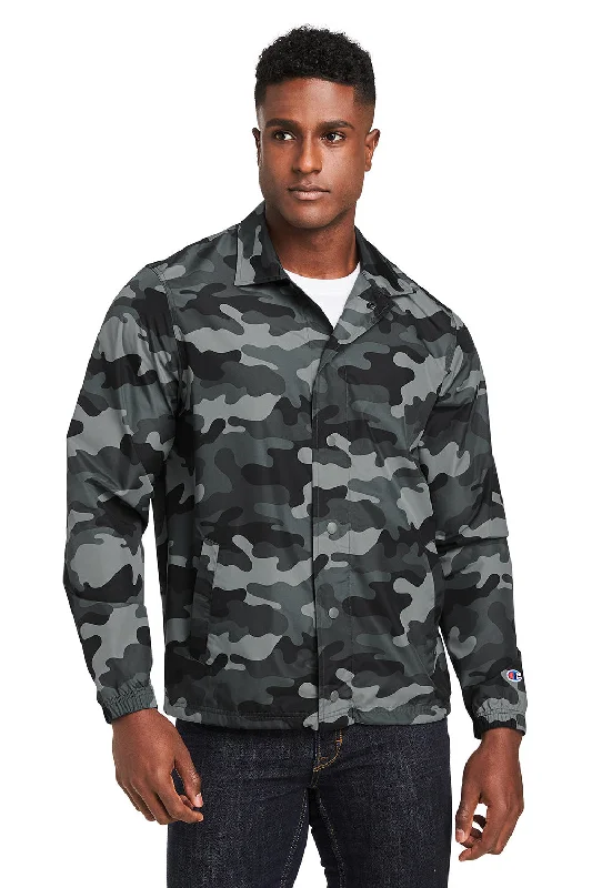 Men's versatile chore jacket-Champion Mens Wind & Water Resistant Snap Down Coach's Jacket - Concrete Grey Camo - Closeout