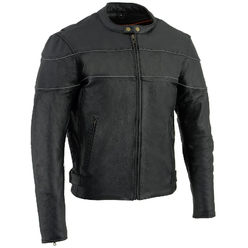 Men's tech-fabric travel jacket-Milwaukee Leather LKM1785 Mens Black Leather Racer Style Motorcycle Jacket w/ Side Stretch and Reflective Piping