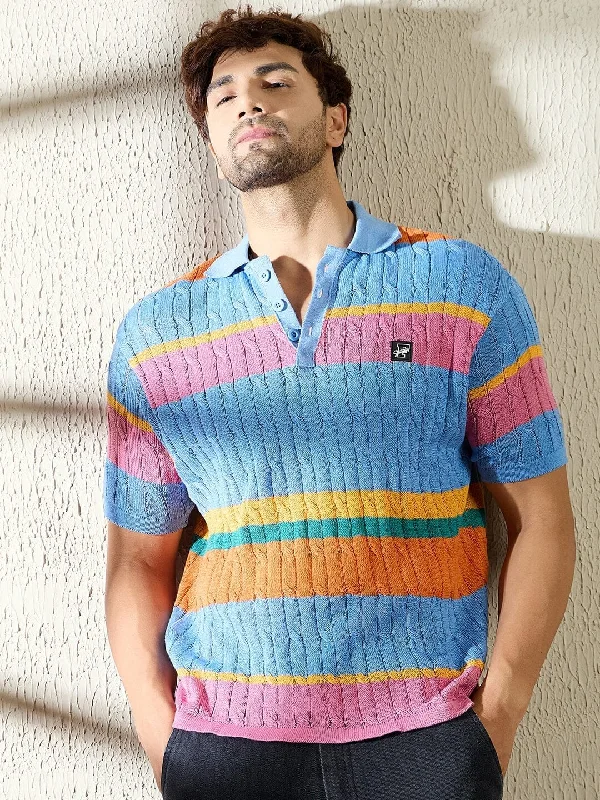 Men's eco-blend t-shirt-Sky Striped Cable Knit Polo Tshirt