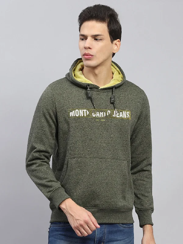 Men's antibacterial performance hoodie-Men Green Printed Hooded Full Sleeve Sweatshirt