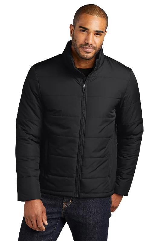 Men's modern streetwear jacket-Port Authority Mens Water Resistant Full Zip Puffer Jacket - Deep Black