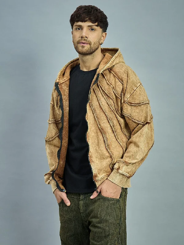 Men's summer performance hoodie-Clay Dyed Pleated Raw Edge Oversized Hoodie