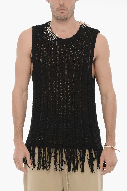 Men's cardigan sweater-Andersson Bell Perforated Sleeveless GORDON Crew-neck Sweater with Fringes