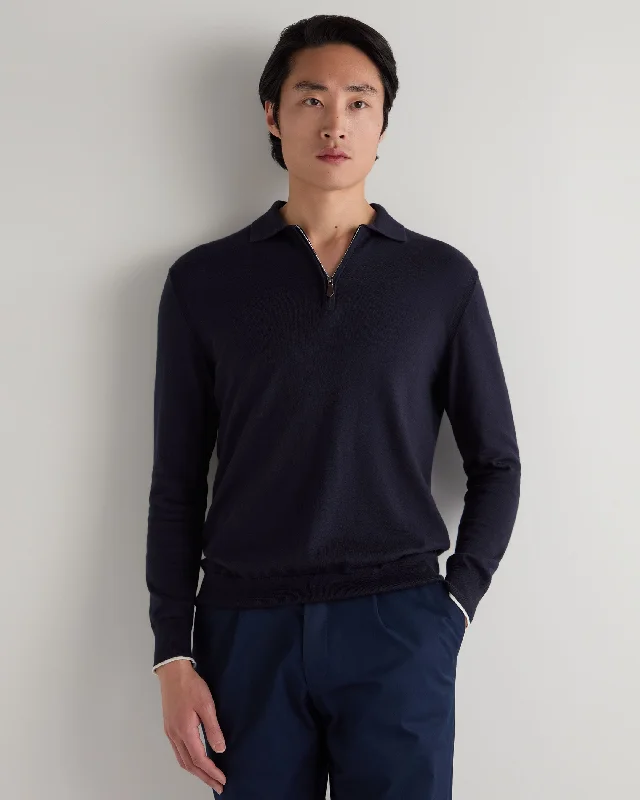 Men's cycling sweater-Men's Long Sleeve Half Zip Cotton Cashmere Sweater Navy Blue