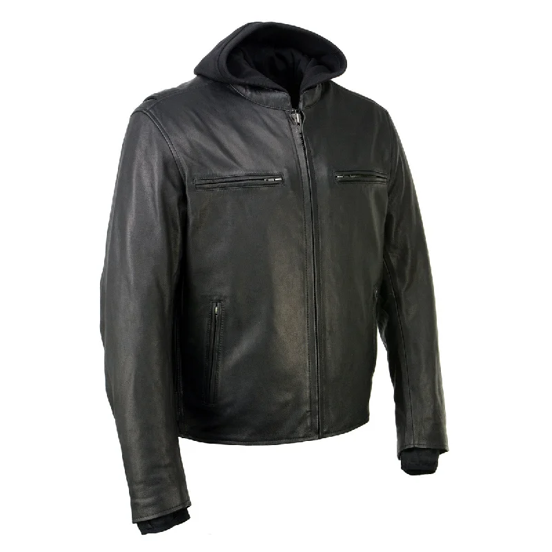 Men's summer outer layer jacket-Milwaukee Leather MLM1523 Men's 'Scoundrel' Black Leather Fashion Motorcycle Riding Jacket w/ Removable Hoodie