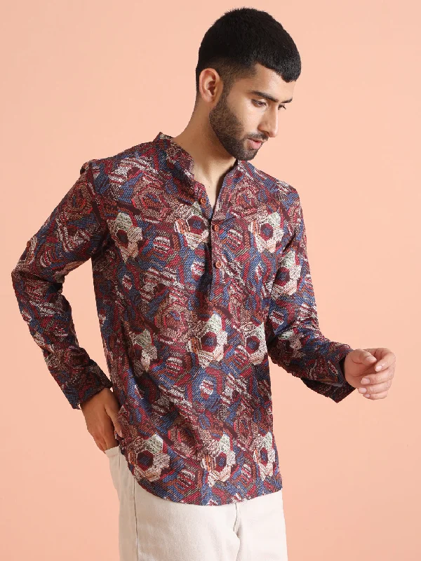 Men's pre-shrunk travel wear shirt-Men Multi Color Abstract Short Kurta