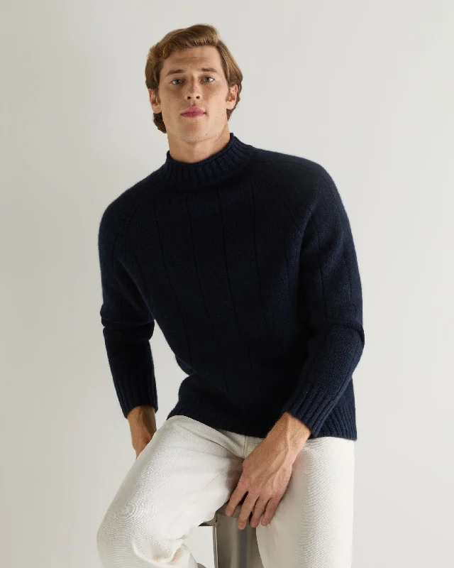 Men's alpaca sweater-Men's Spitalfields Rib Funnel Neck Cashmere Sweater Navy Blue Melange