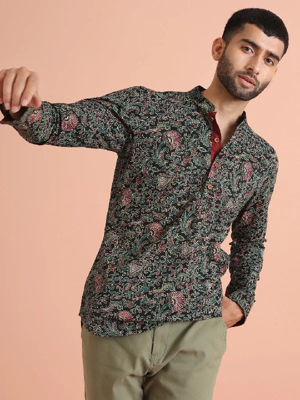 Men's performance office wear shirt-Men Black Printed Short Kurta