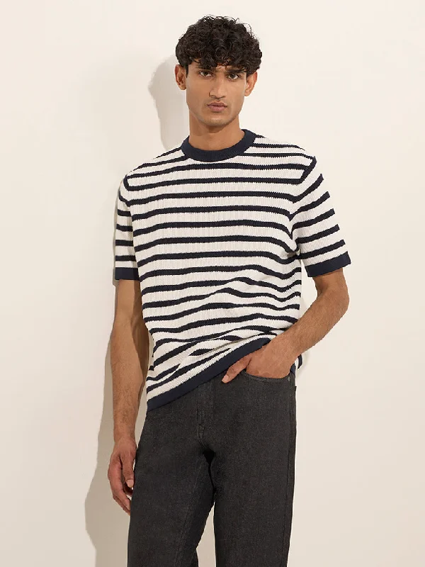 Men's antibacterial t-shirt-Ascot Navy Striped and Knitted Relaxed-Fit Cotton-Blend T-Shirt