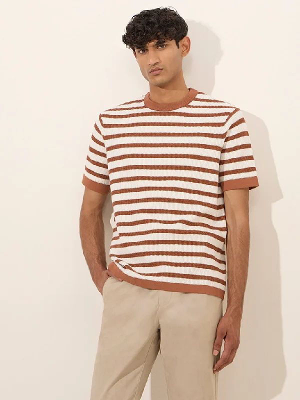 Men's sustainable fashion t-shirt-Ascot Rust Striped and Knitted Relaxed-Fit Cotton-Blend T-Shirt