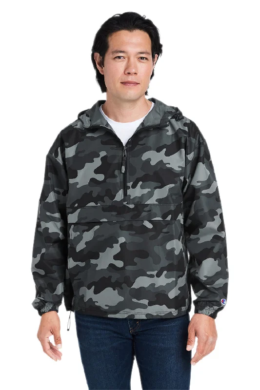 Men's ultra-lightweight packable jacket-Champion Mens Packable Wind & Water Resistant Anorak 1/4 Zip Hooded Jacket - Concrete Grey Camo