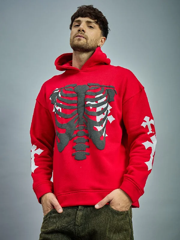 Men's sustainable fleece hoodie-Red Fleece Rib Cage Graphic Oversized Hoodie