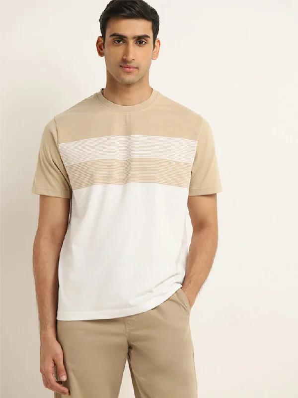 Men's contrast collar t-shirt-WES Lounge Beige Colour-Blocked Relaxed-Fit Cotton-Blend T-Shirt