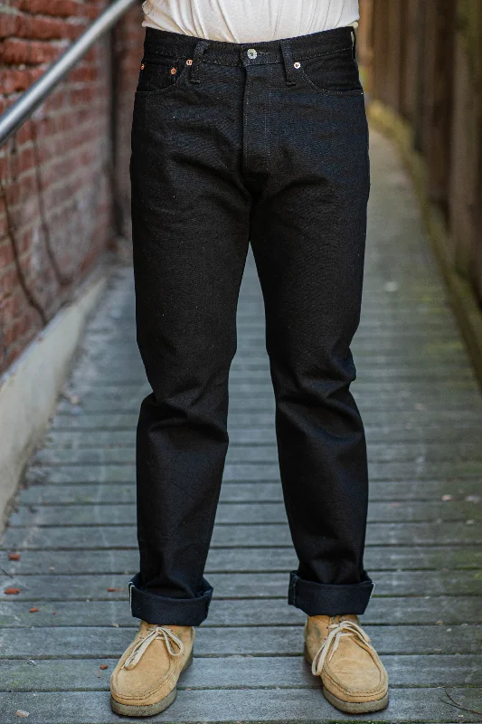 mens slim-tapered pants-Iron Heart IH-888S-142bb 14oz Selvedge Denim Mid/High Rise Tapered Cut Jeans - Black/Black