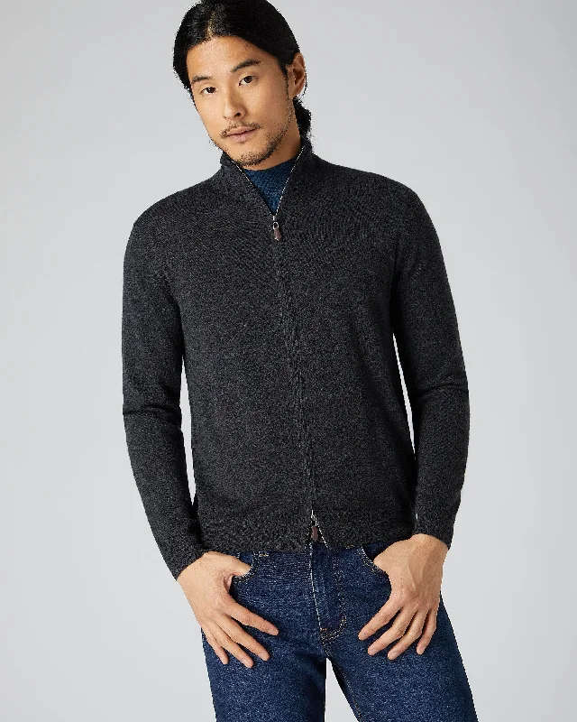 Men's crew neck sweater-Men's Hyde Fine Gauge Cashmere Full Zip Sweater Dark Charcoal Grey