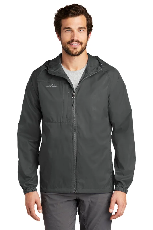 Men's high-performance raincoat-Eddie Bauer Mens Packable Wind Resistant Full Zip Hooded Jacket - Steel Grey