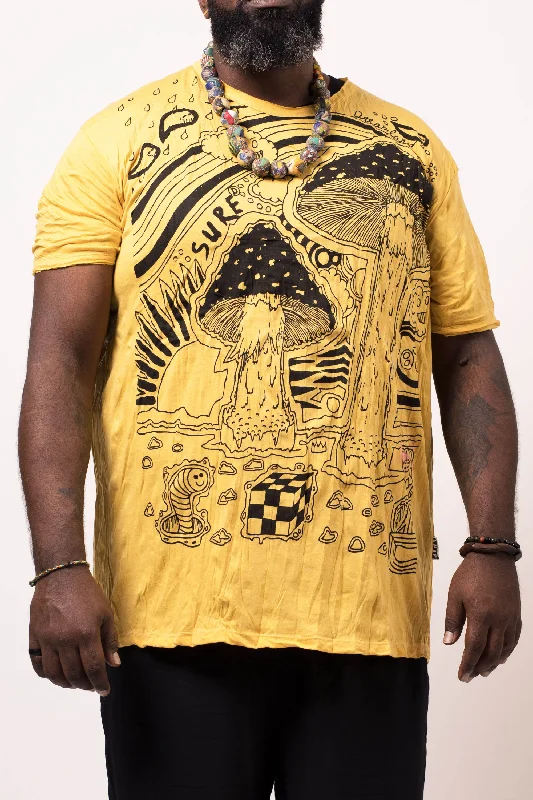 Men's classic casual t-shirt-Plus Size Mens Magic Mushroom T-Shirt in Yellow