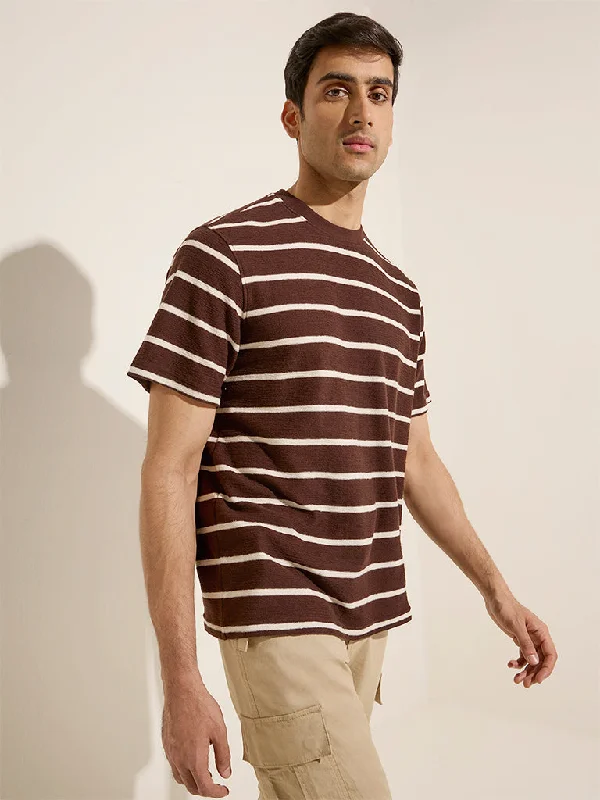 Men's bold stripe t-shirt-WES Casuals Brown Stripe Printed Relaxed-Fit Cotton T-Shirt