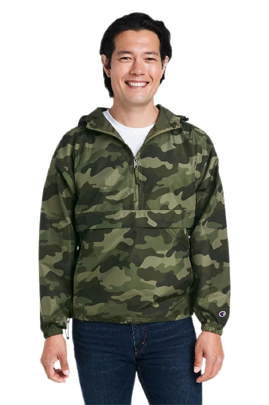 Men's quick-dry anorak-Champion Mens Packable Wind & Water Resistant Anorak 1/4 Zip Hooded Jacket - Olive Green Camo