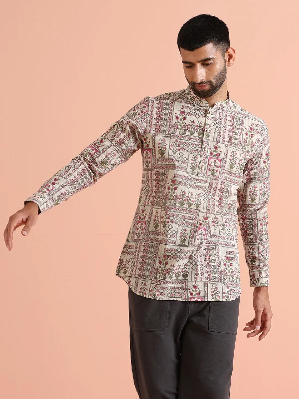 Men's lightweight office shirt-Men Multi Color Printed Short Kurta