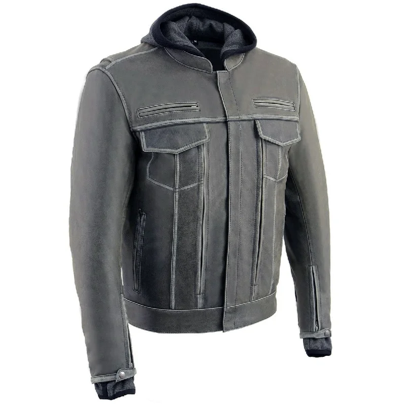 Men's fashion-forward leather jacket-Milwaukee Leather MLM1539 Men's Distressed Grey Leather ‘Utility Pocket’ Vented Jacket with Removable Hoodie