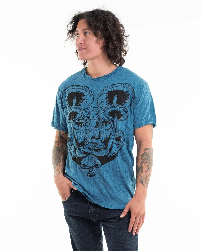 Men's relaxed weekend t-shirt-Mens Spiritual Shroom Cat T-Shirt in Denim Blue