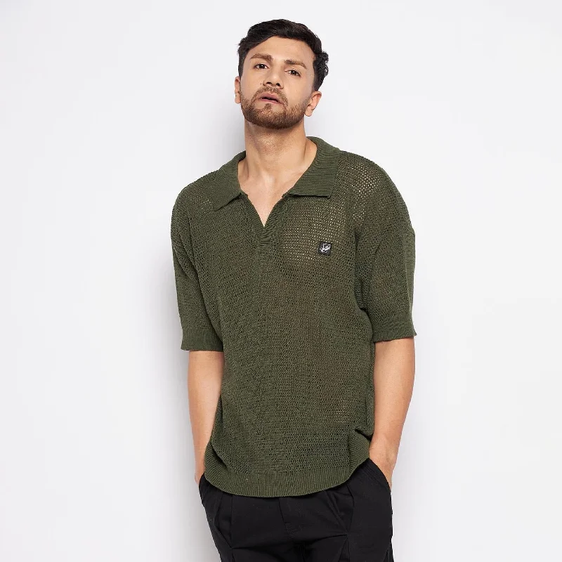 Men's workout fit t-shirt-Olive Crochet Knitted Polo Tee