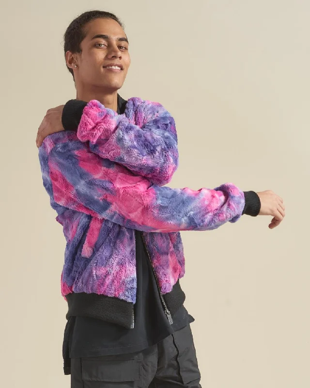 Men's weather-resistant gym jacket-Men's Colorful Faux Fur Jacket | Cotton Candy Cat